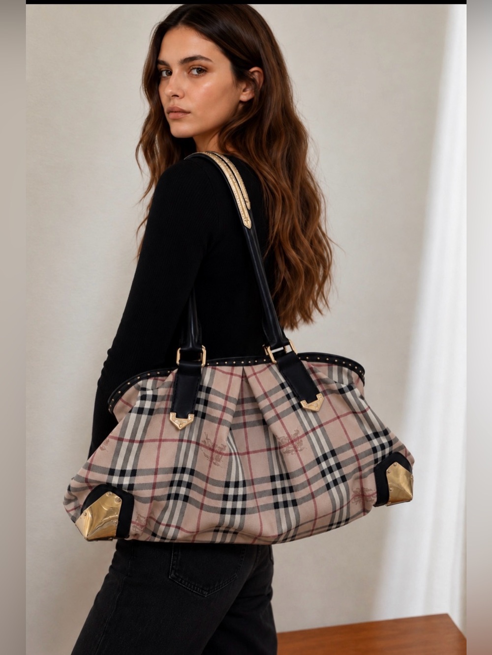RARE BURBERRY NOVA CHECK LEATHER SLOUCHY SATCHEL TRAVEL BAG LARGE ITALY